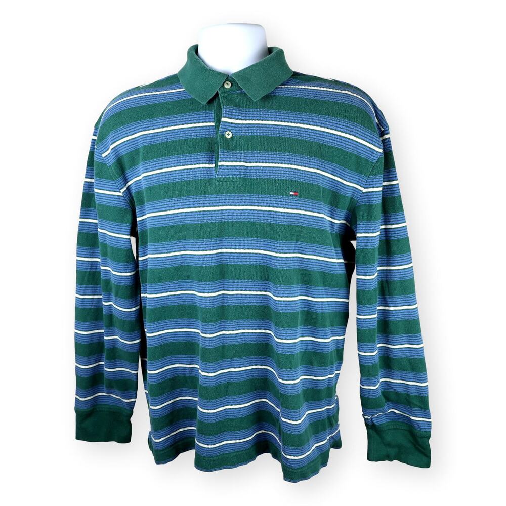 Tommy Hilfiger Blue Green White Long Sleeve Mens Polo L